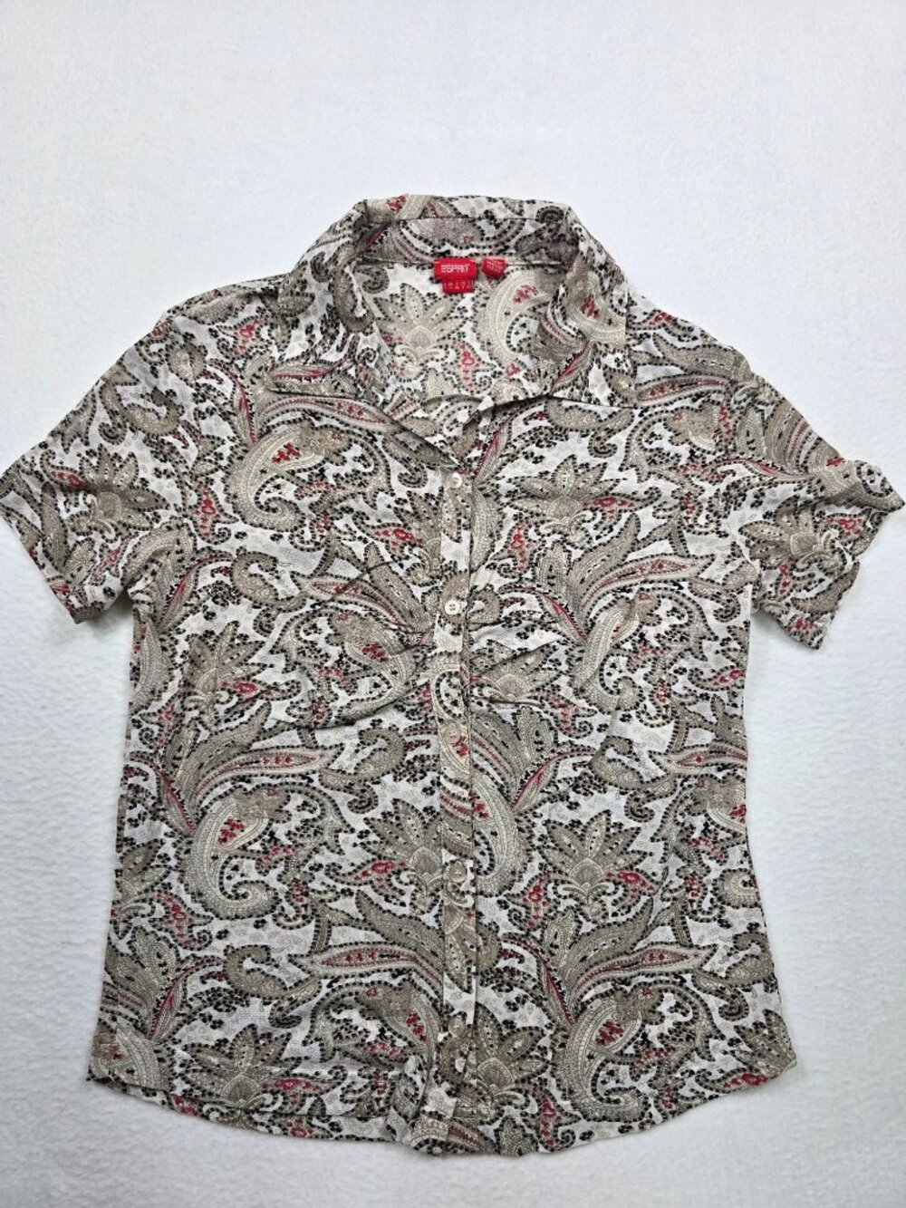 Esprit Womens Large Paisley Print Button-Up Ruched Front Short Sleeve Shirt Y2K